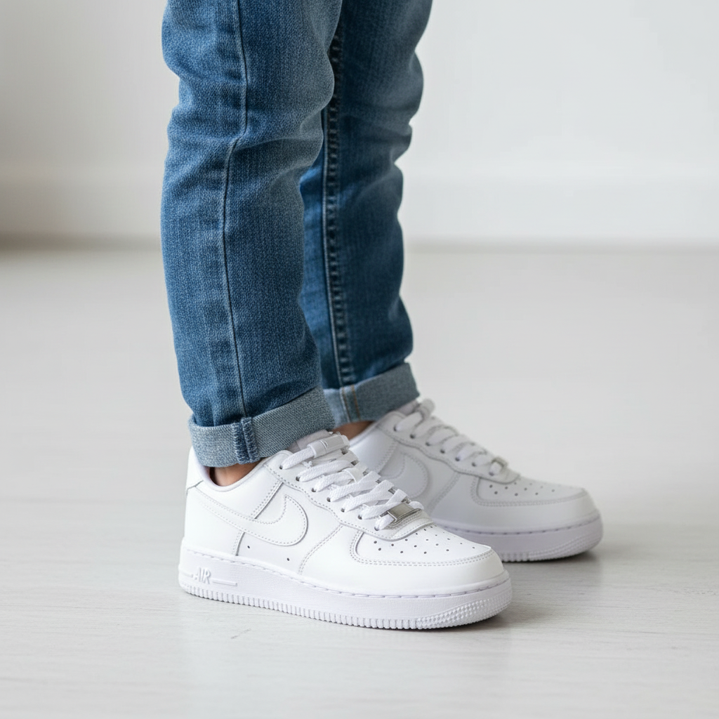 Child wearing white magnetic buckle laces